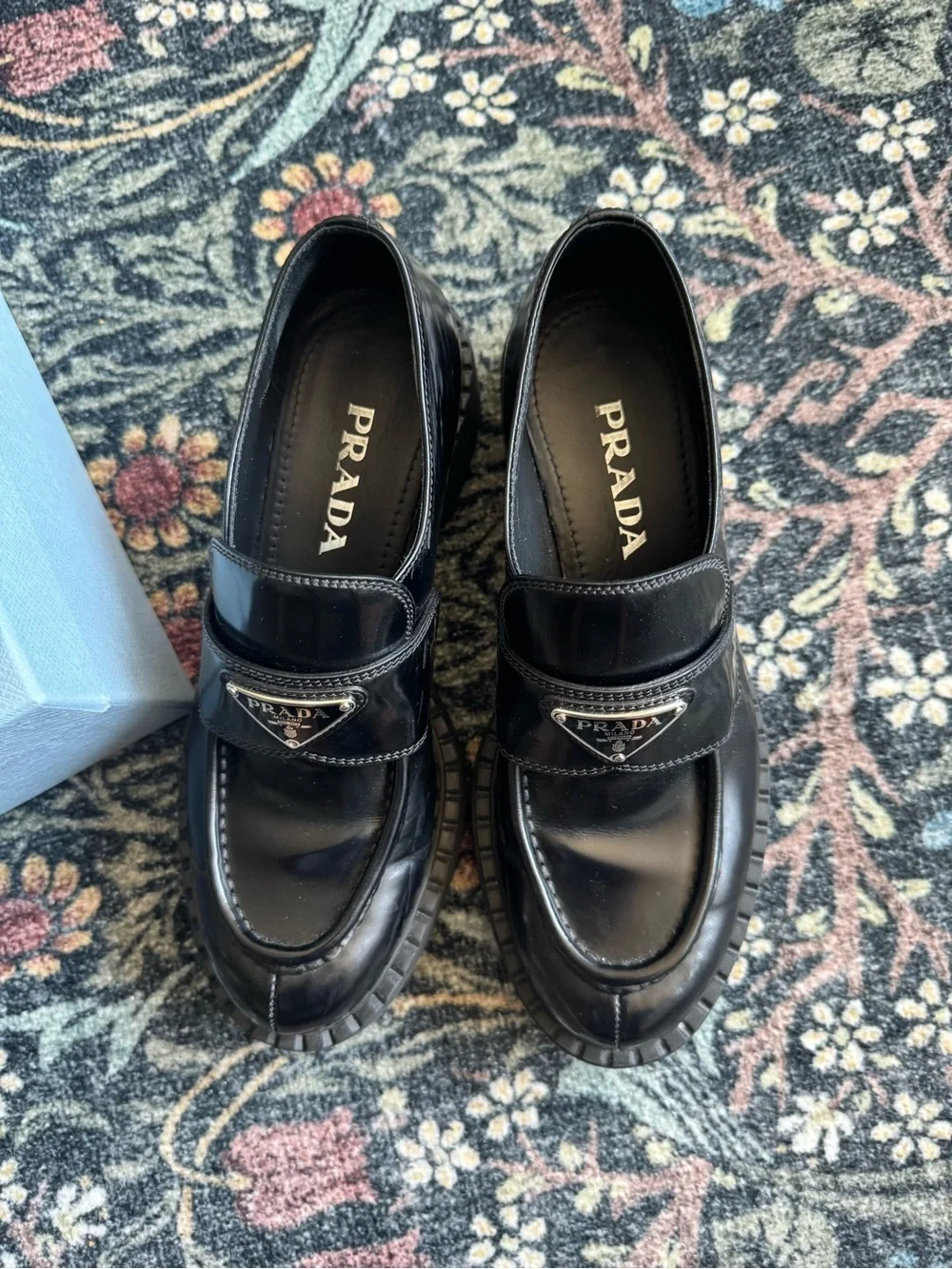 Prada Black Leather Penny Loafers with Triangular Logo